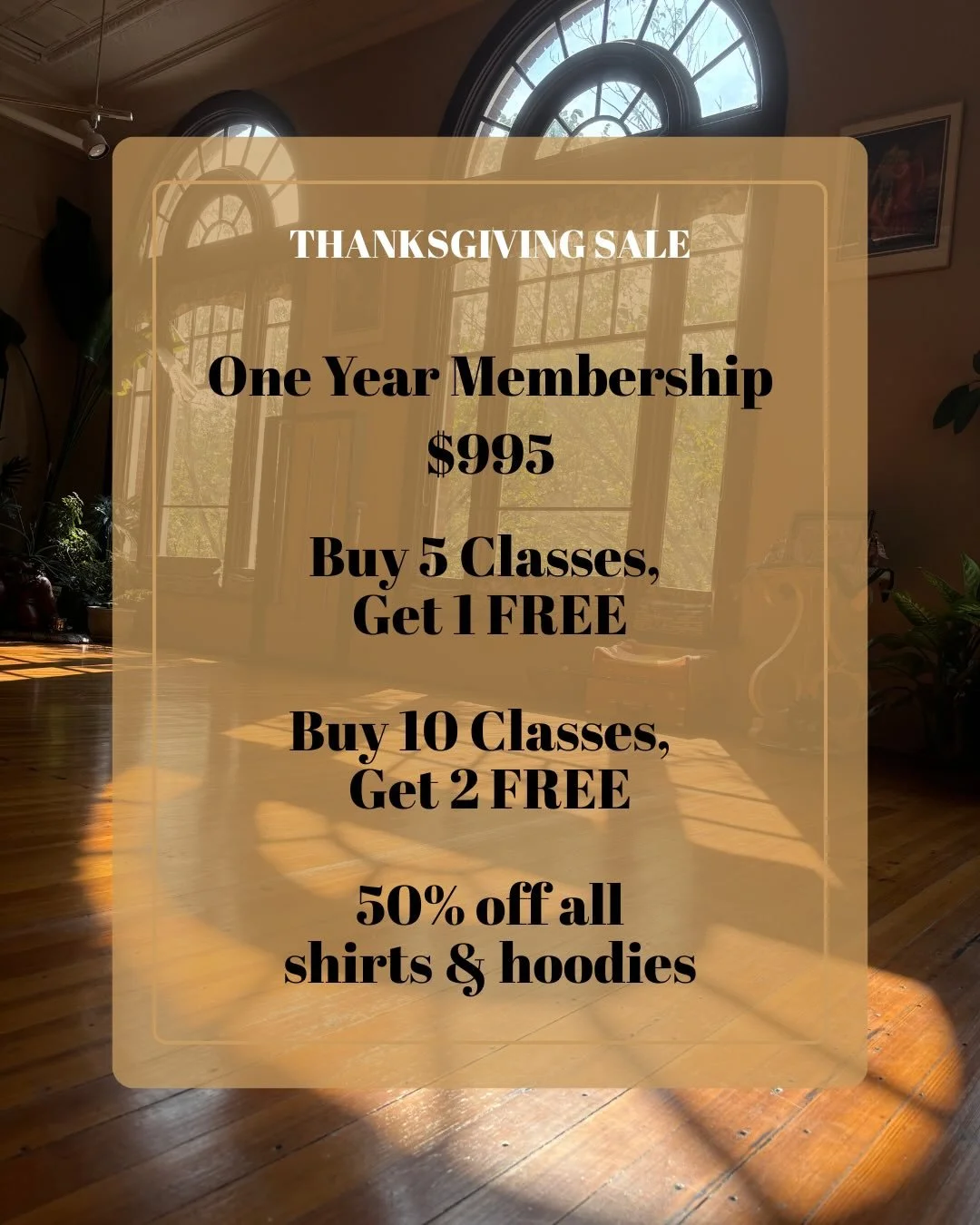 Have you been thinking about becoming a Yoga Mandali member? Now is the perfect time with our THANKSGIVING SALE! Annual memberships are only $995 for the entire year (that&rsquo;s a $300 savings!)🧡

More Savings:
Buy a 5 Class Card, get 1 class free