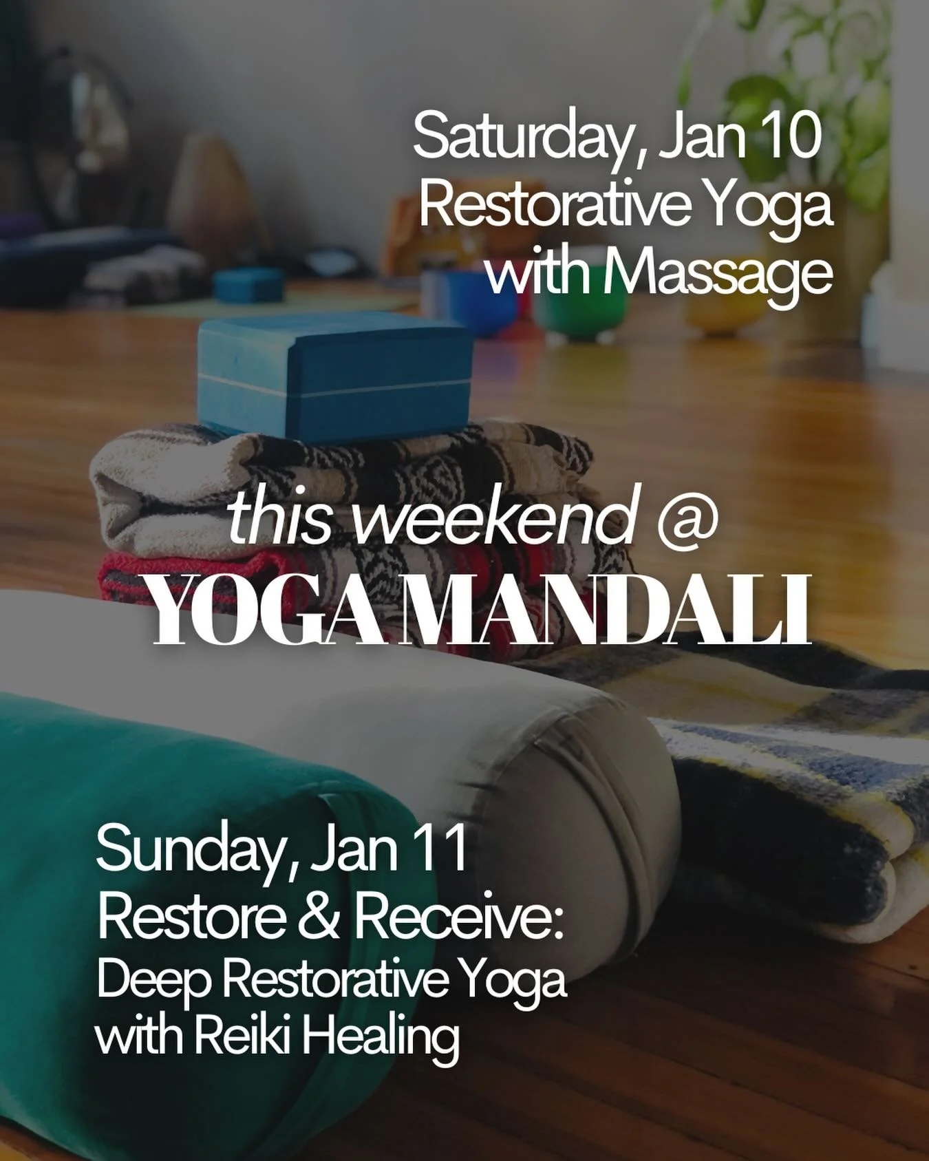 Looking for some R&amp;R this weekend? We are offering two workshops this weekend to help ground and heal your mind, body, and spirit 🙏

Restorative Yoga with Massage 💆
Saturday, January 10
5:30PM - 7:00PM
(Yoga with Massage is already full! Thank 