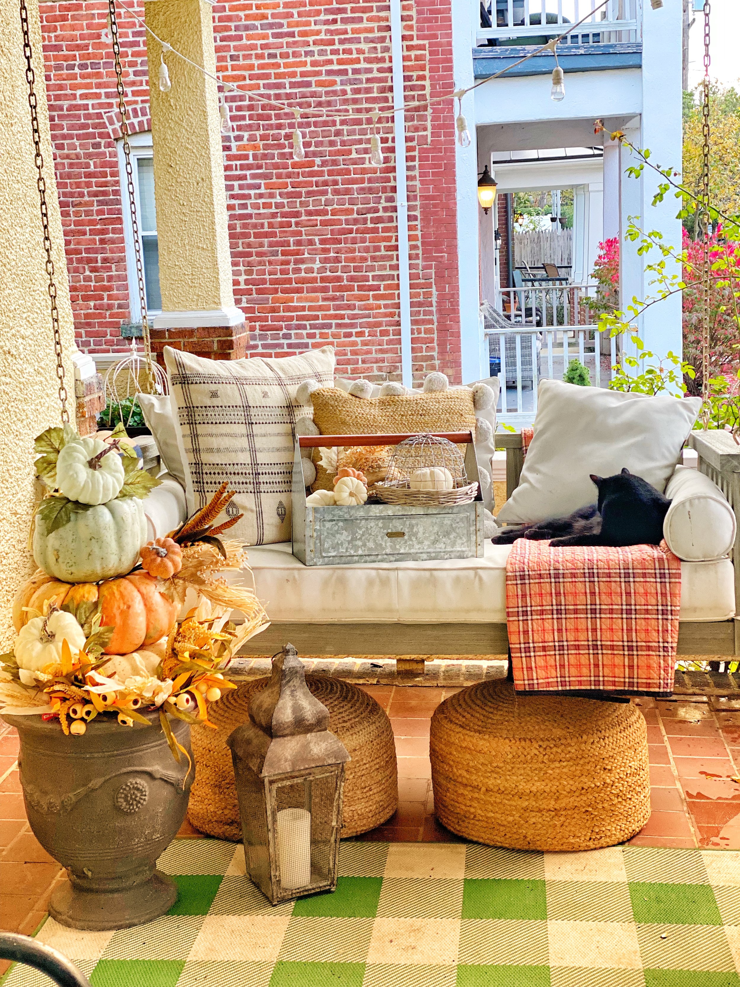 Seasonal porch design and decor.  Planter refresh. Pumpkis galore