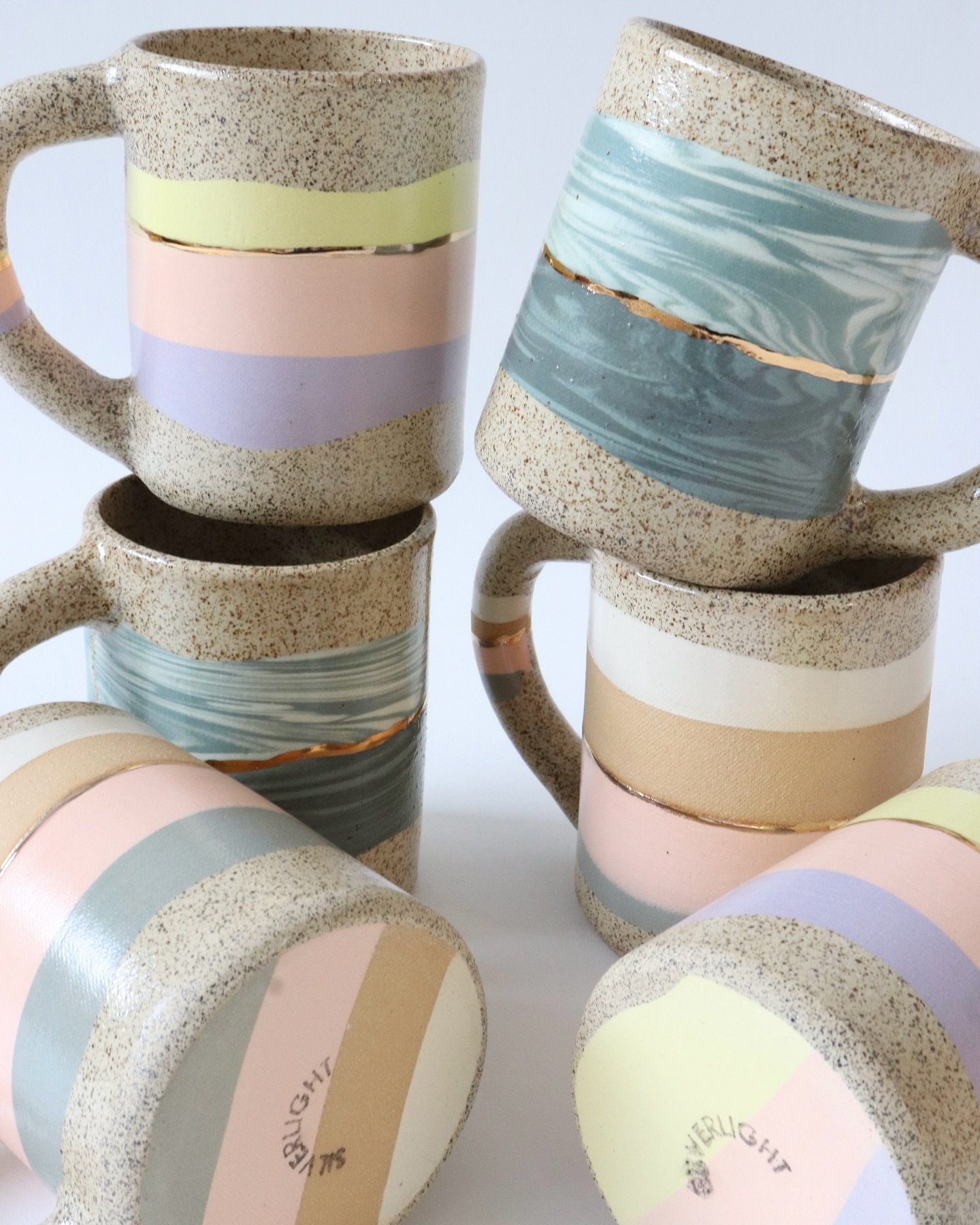 I&rsquo;ve been working on some new(ish) color combos for my OLA mugs.☕️✨What do you think?!! 

I&rsquo;ll have these beauties along with my classic Blues🌊 today and tomorrow, sunday at @basilicahudson Summer Market here in Hudson, NY!✨