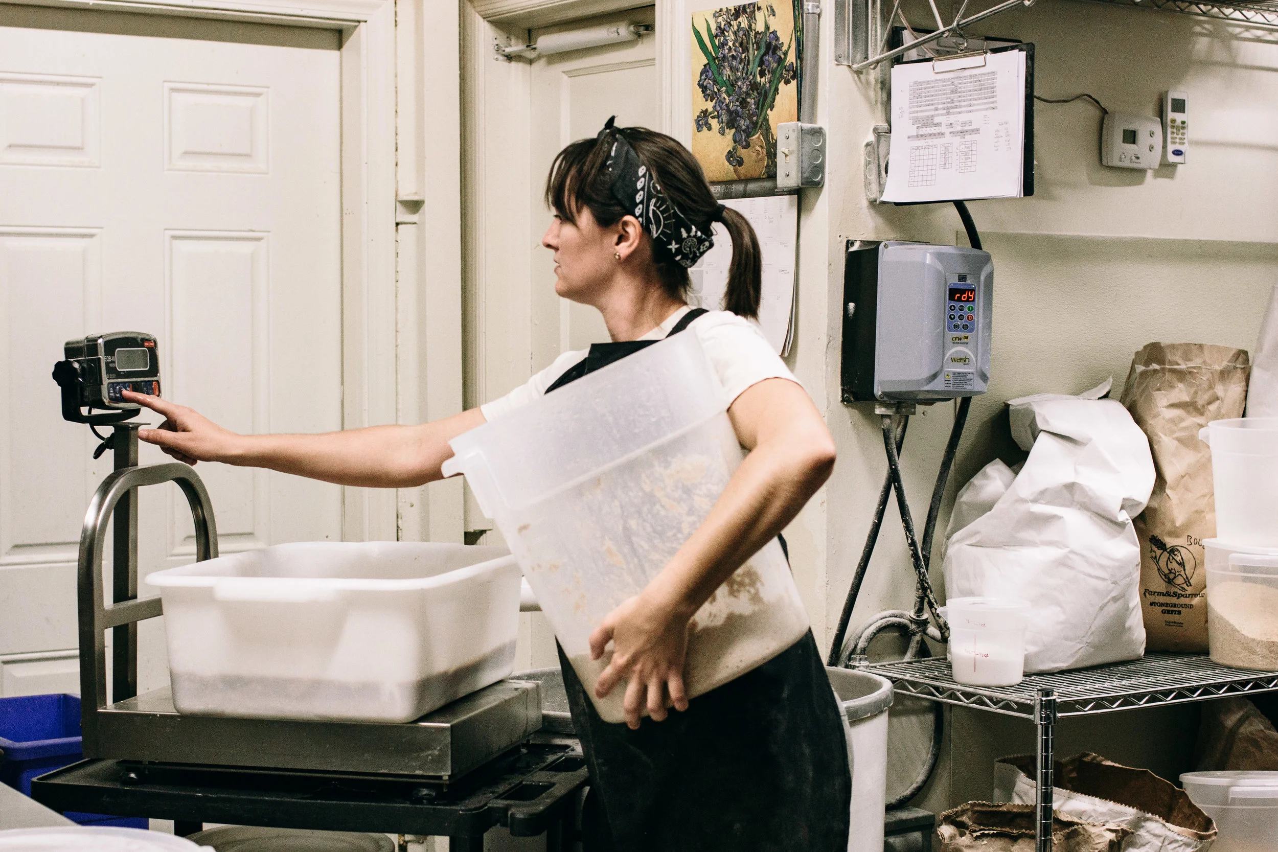 Because of all the lifting and hauling involved in running a bakery, it is necessary to know the best way to do the heavy lifting without throwing out one’s back. One of the bakers mentioned that she actually works out outside of work to equip her for the job.