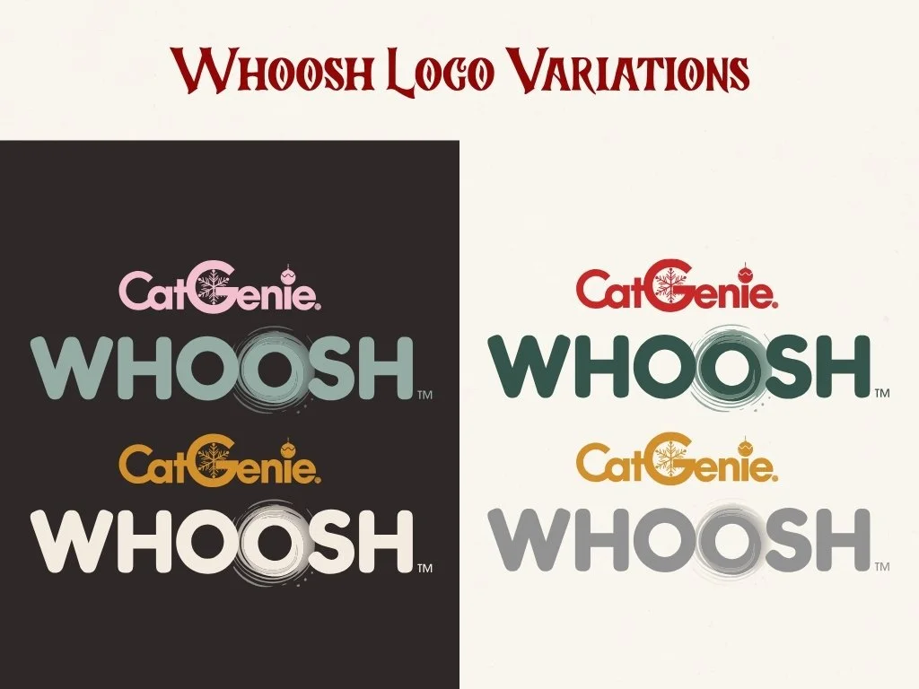Image showing four variations of the 'Whoosh' logo with different color schemes, featuring a stylized 'G' with a Christmas ornament and tree inside it.
