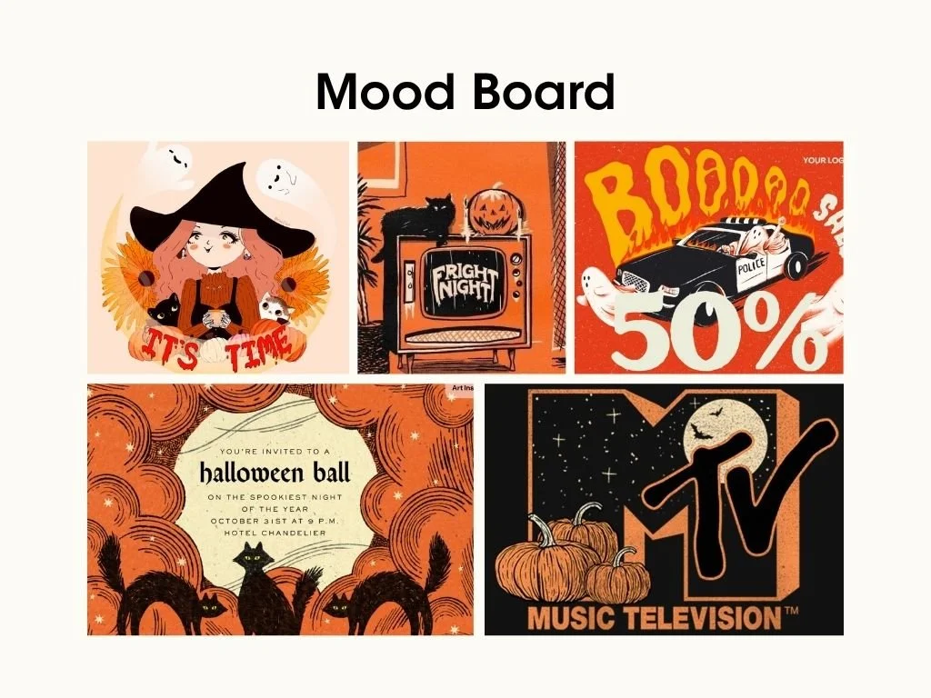 A digital mood board with six Halloween-themed illustrations and advertisements, including a girl with mail, a spooky TV show poster, a police car with a 50% sale, an invitation to a Halloween ball, a Halloween-themed MTV logo with pumpkins, and a ghost with ghosts in the background.