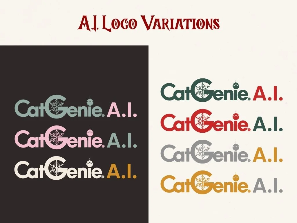 Various logo variations of 'CatGenie. A.I.' with different colors and small ornament icons inside the letter 'G' and above the dot.