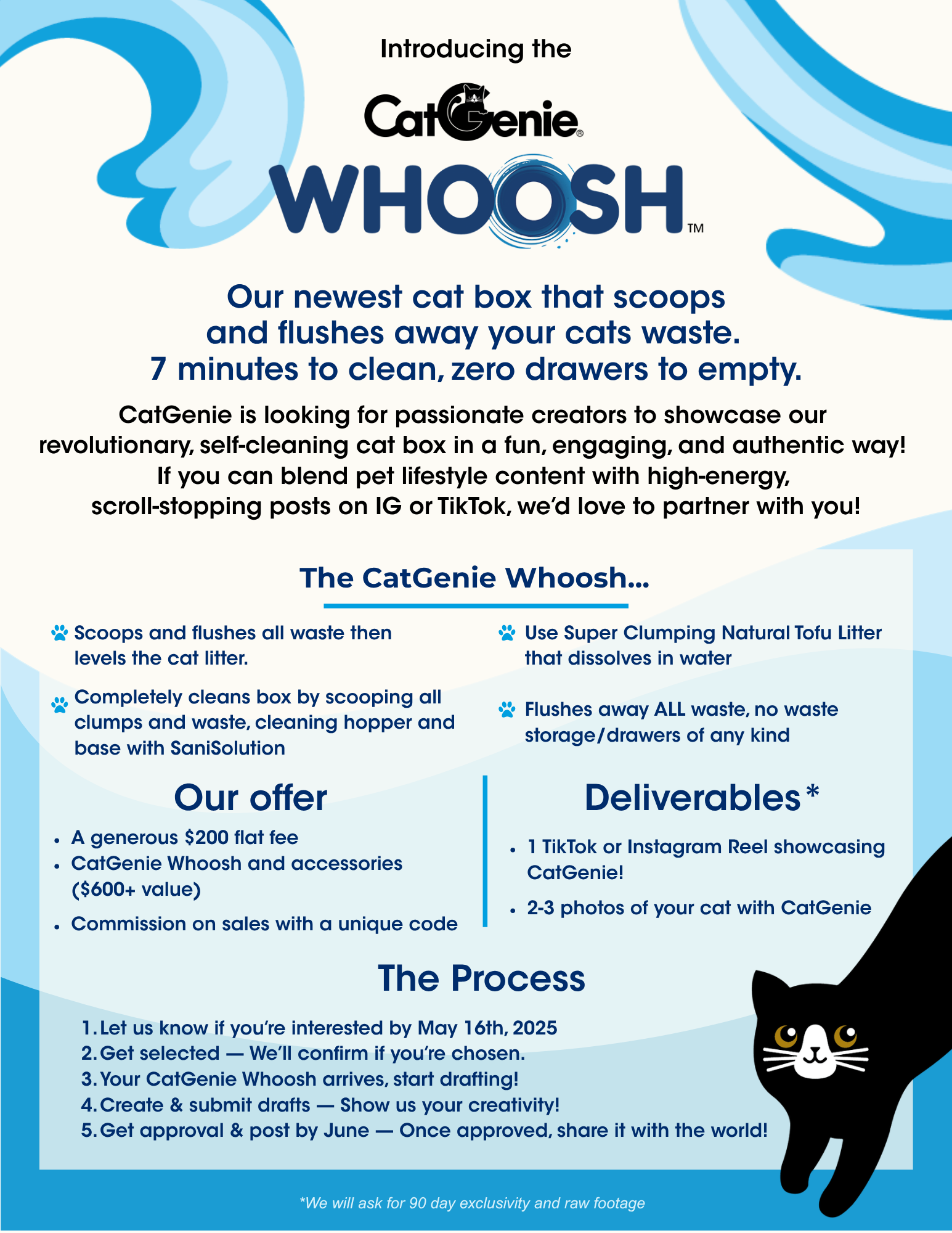 Flyer for CatGenie Whoosh, a self-cleaning cat box that flushes waste and requires only 7 minutes to clean. Features include waste disposal, a natural tofu litter, and no waste storage drawers. Includes information on how to participate in a promotional campaign with details and deadlines.