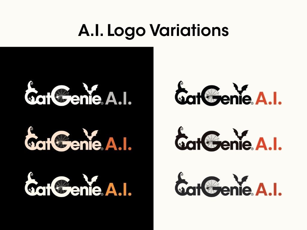 Collection of six variations of the CatGenie A.I. logo, with different color schemes and backgrounds, featuring a stylized cat, a spider web inside the 'G', and a bat silhouette.