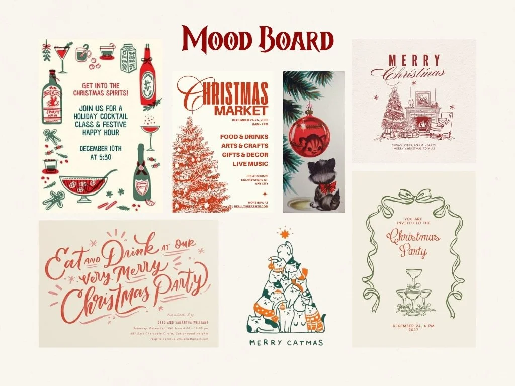 A collage of Christmas and holiday-themed event posters and cards, including a mood board title, Christmas market details, a Christmas tree with kittens, a Christmas party invitation, a snow scene with cats, and festive drawings of cocktails, decorations, and holiday scenes.