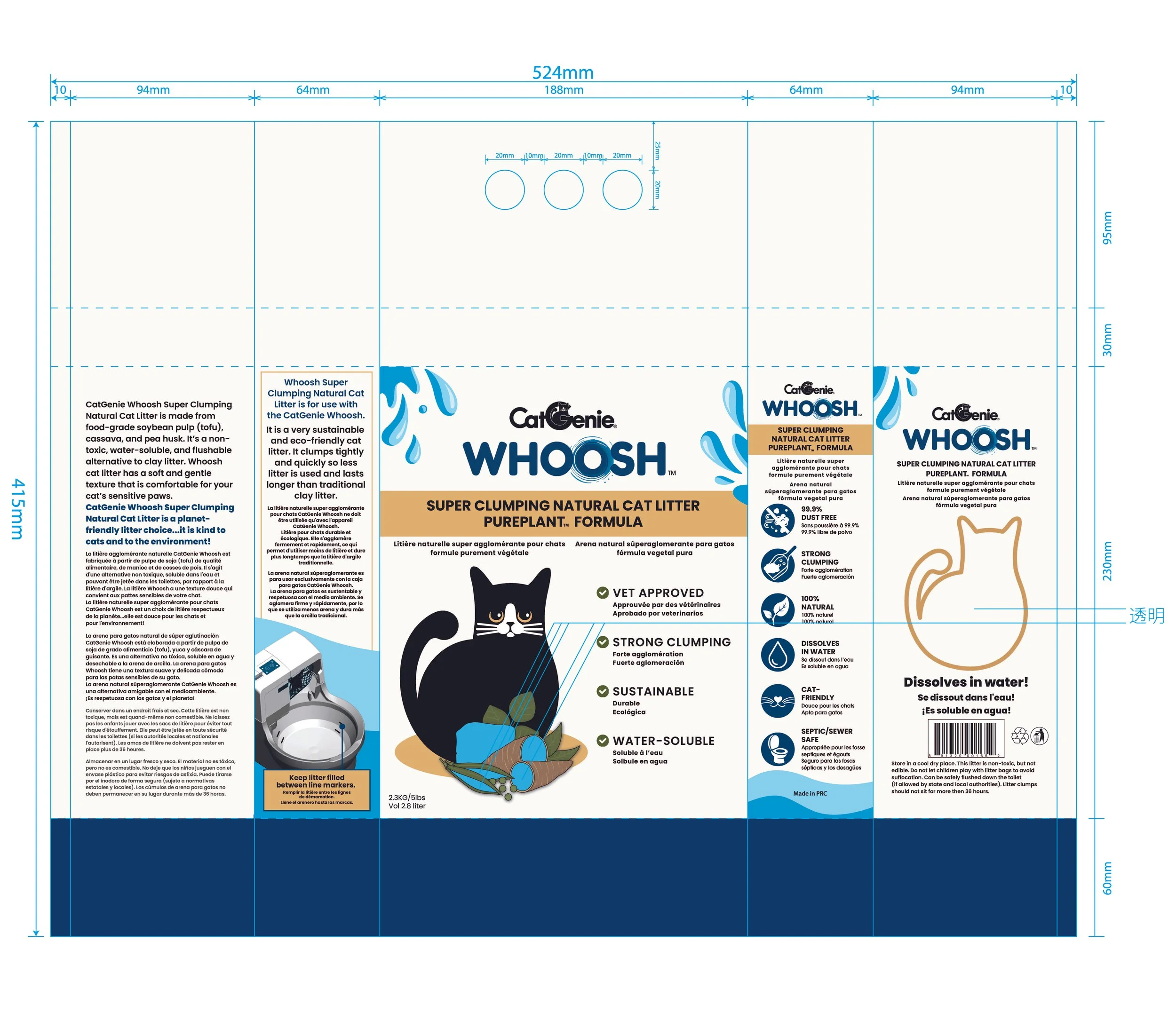 Packaging design for CatGenie WHOOSH super clumping natural cat litter with a cartoon black cat illustration, product features listed, and instructions for use.