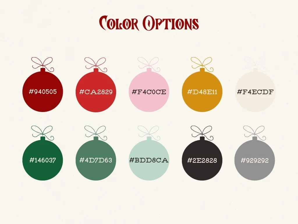 Color options for Christmas ornaments, with each ornament displaying a hex color code, arranged in two rows on a light background.