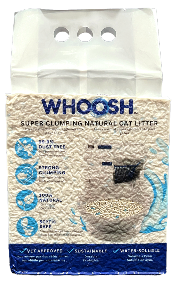 White bag of WHOOSH super clumping natural cat litter with blue and black text, featuring icons indicating dust-free, strong clumping, natural ingredients, septic safe, and water-soluble properties.