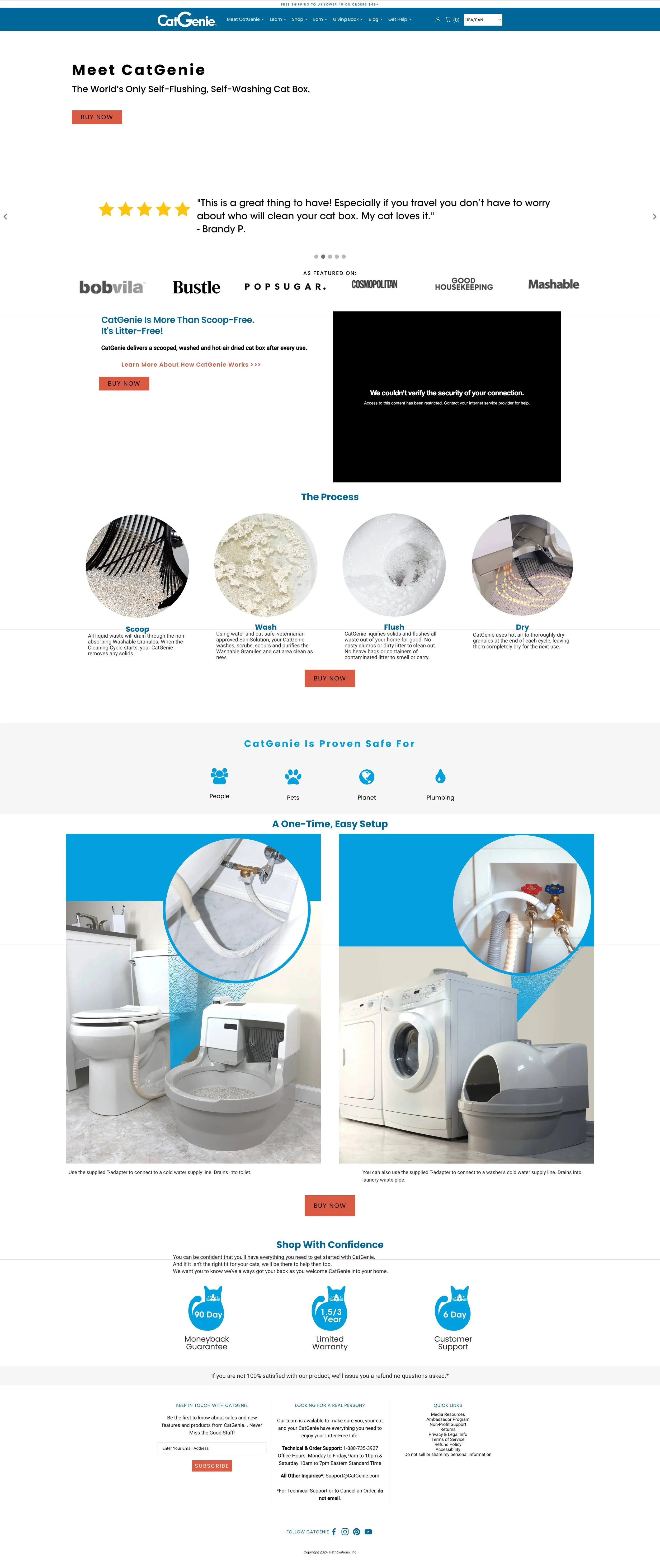 Screenshot of a website promoting CatGenie, an automatic self-flushing cat litter box, featuring product images, process steps, and warranty information.
