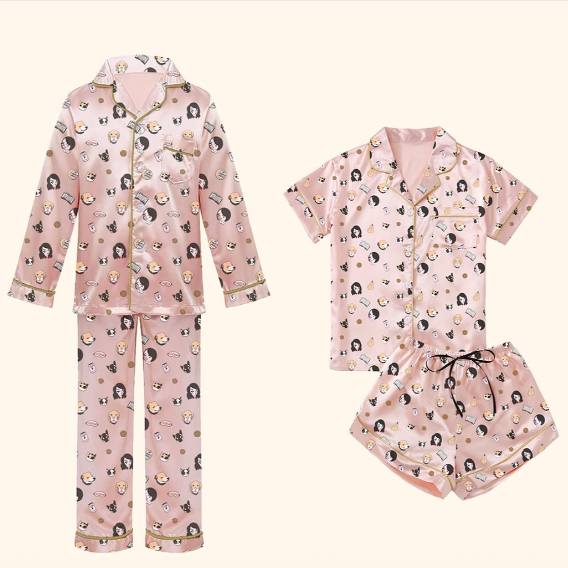 image of two sets of pajamas (short and long) with a pattern relating to My Favorite Murder