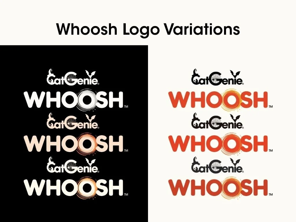 Comparison of four logo variations of 'Whoosh' with 'Eat Genie' branding, including different color schemes and design elements.