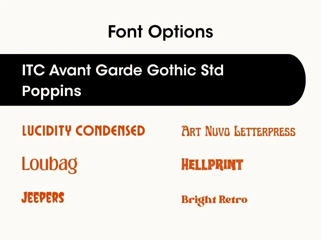 A screenshot of a font selection menu with various font names in different styles and colors.