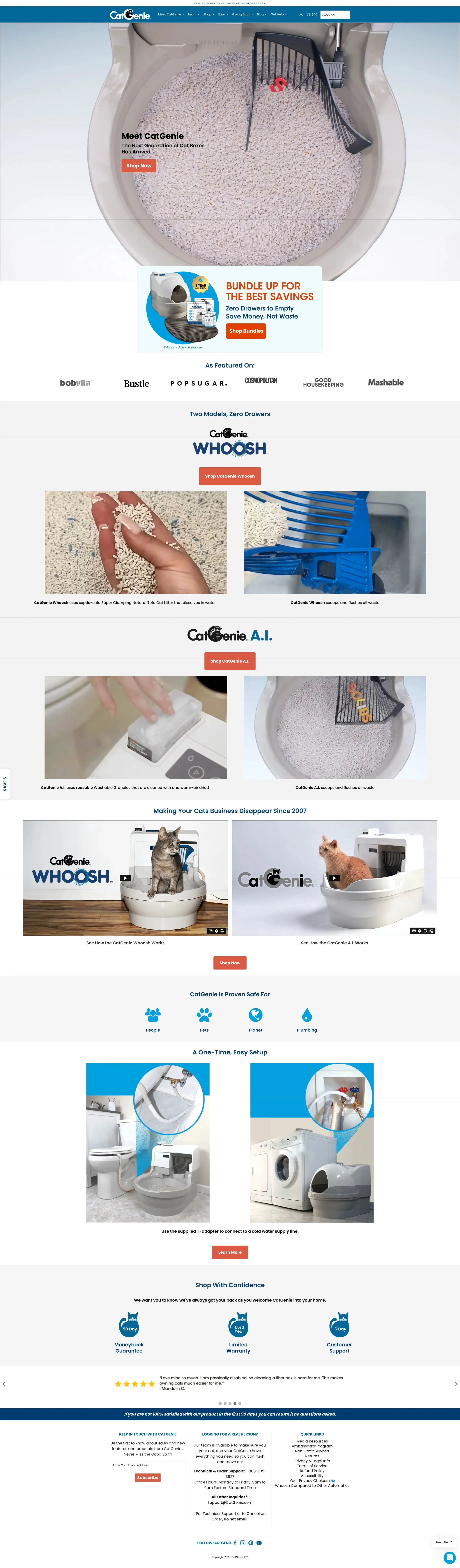 Screenshot of a website homepage for CatGenie, showing a large cat litter box and various features including a toilet, a cat, and a washing machine.