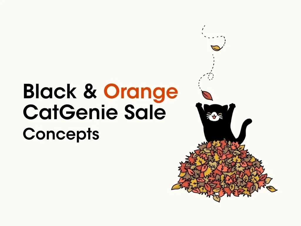 Illustration of a black cat playing in a pile of colorful autumn leaves, with falling leaves around it, promoting a Black and Orange CatGenie sale.