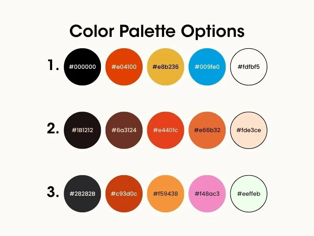 Color palette options featuring color swatches with hex codes. Row 1 has black, red-orange, gold, blue, and white. Row 2 has dark gray, brown, red, orange, and light cream. Row 3 has dark grayish blue, rust, orange, pink, and pale green.