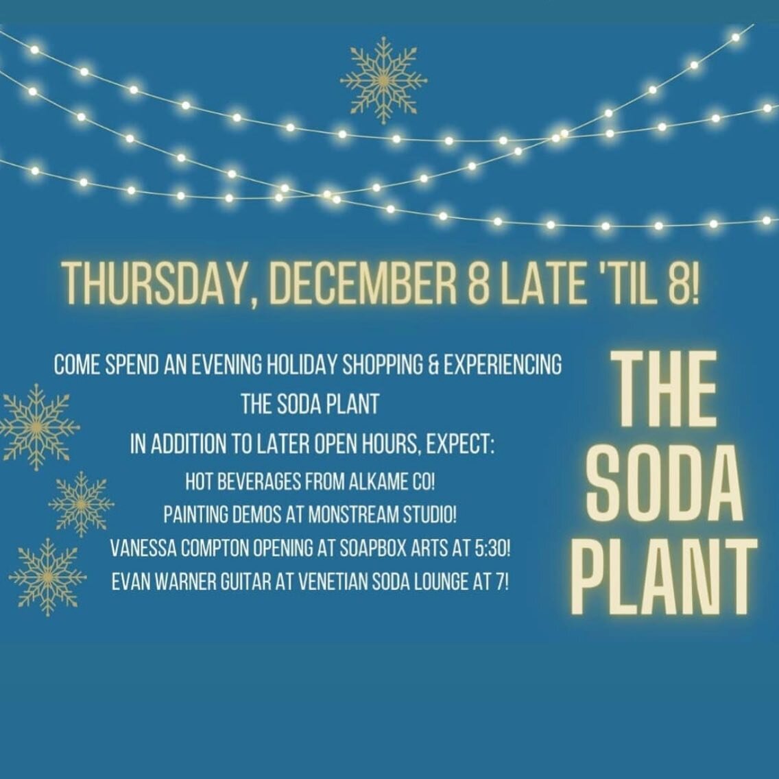 TONIGHT!!! ✨ Businesses will have doors open until 8pm. Stop by for holiday cheer, art, and gifts for everyone on your list!

#thesodaplant #sodaplant #btvsouthend #burlington #madeinvermont #madeinvt #vermont #gallery #vtarts #vtartists #vtcraft #so
