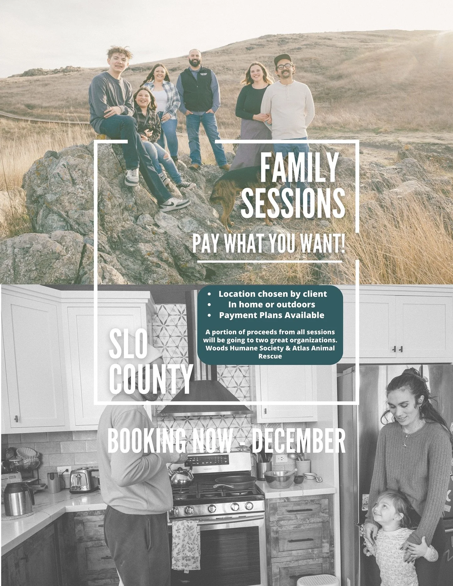 NOW &amp; ALWAYS

I am offering Pay What You Want family &amp; pet sessions for those in Slo County! Seriously, whatever your budget allows let&rsquo;s book a session. This is aimed for everyone and anyone that would love photos of them &amp; their l