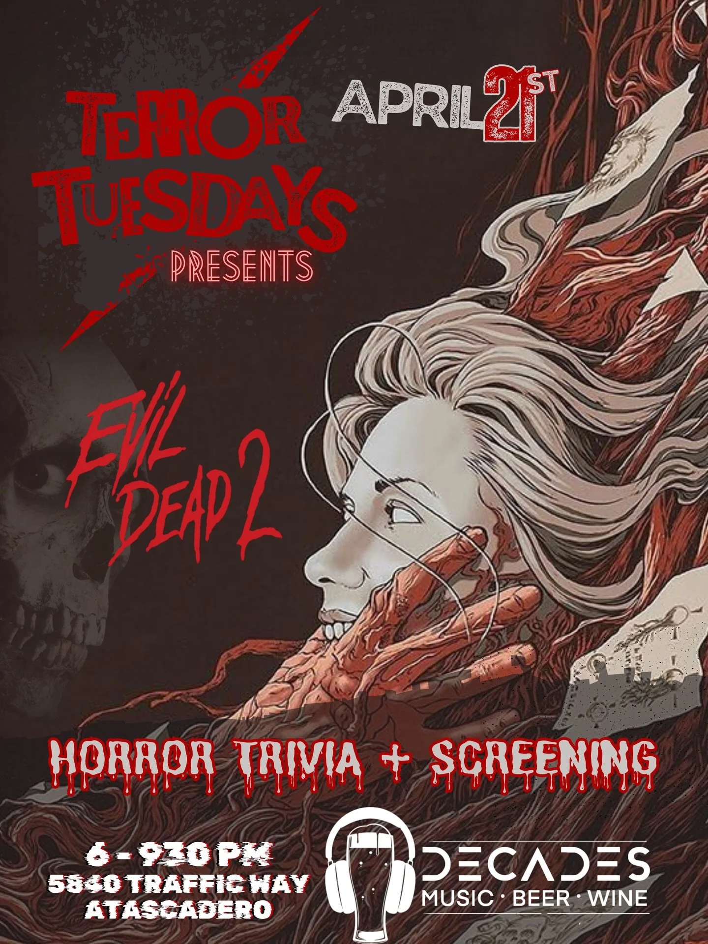 Join @collins_slapbass &amp; I as we host our first of many horror trivia + screening nights at @decadeshifilounge in Atascadero. 

Up first - Evil Dead 2 
Come ready to answer some general horror trivia questions then buy yourself or a stranger a dr