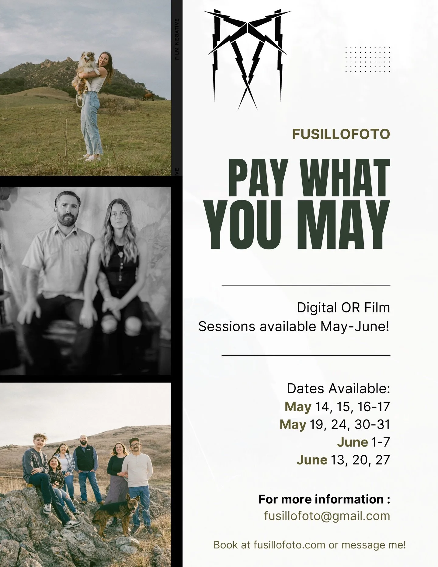 That time again - offering &ldquo;Pay What You Want&rdquo; photo sessions but this time clients can choose either on film or digital. These sessions can include couples, families, pets, friends, lovers, lusters, YOURSELF! or whatever your hearts desi