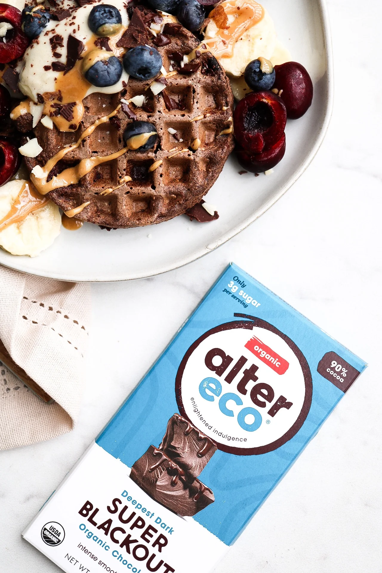 Alter Eco’s super blackout chocolate is 90% dark, and 100% the perfect addition to these waffles.
