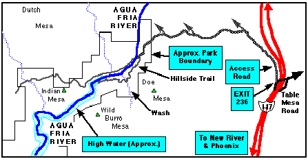 Detail map showing the Agua Fria valley and access road