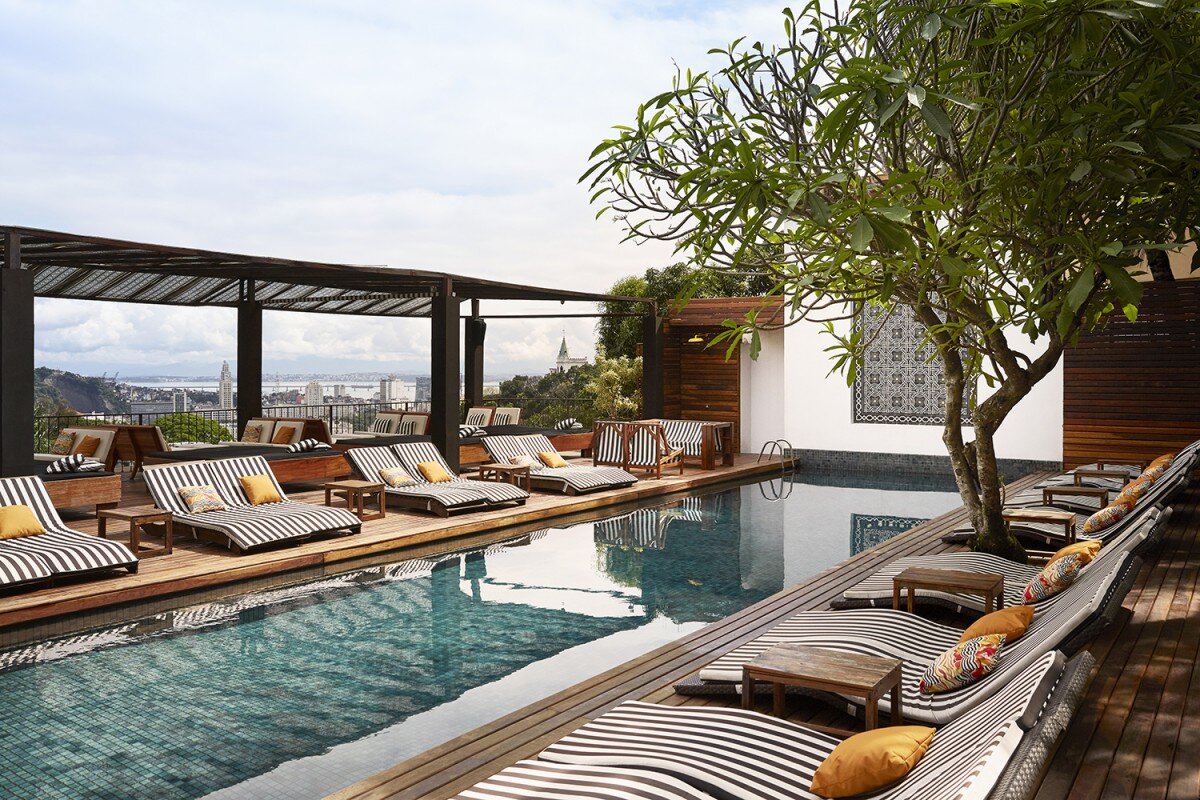 The pool deck with view at Santa Teresa Hotel RJ in Rio de Janeiro