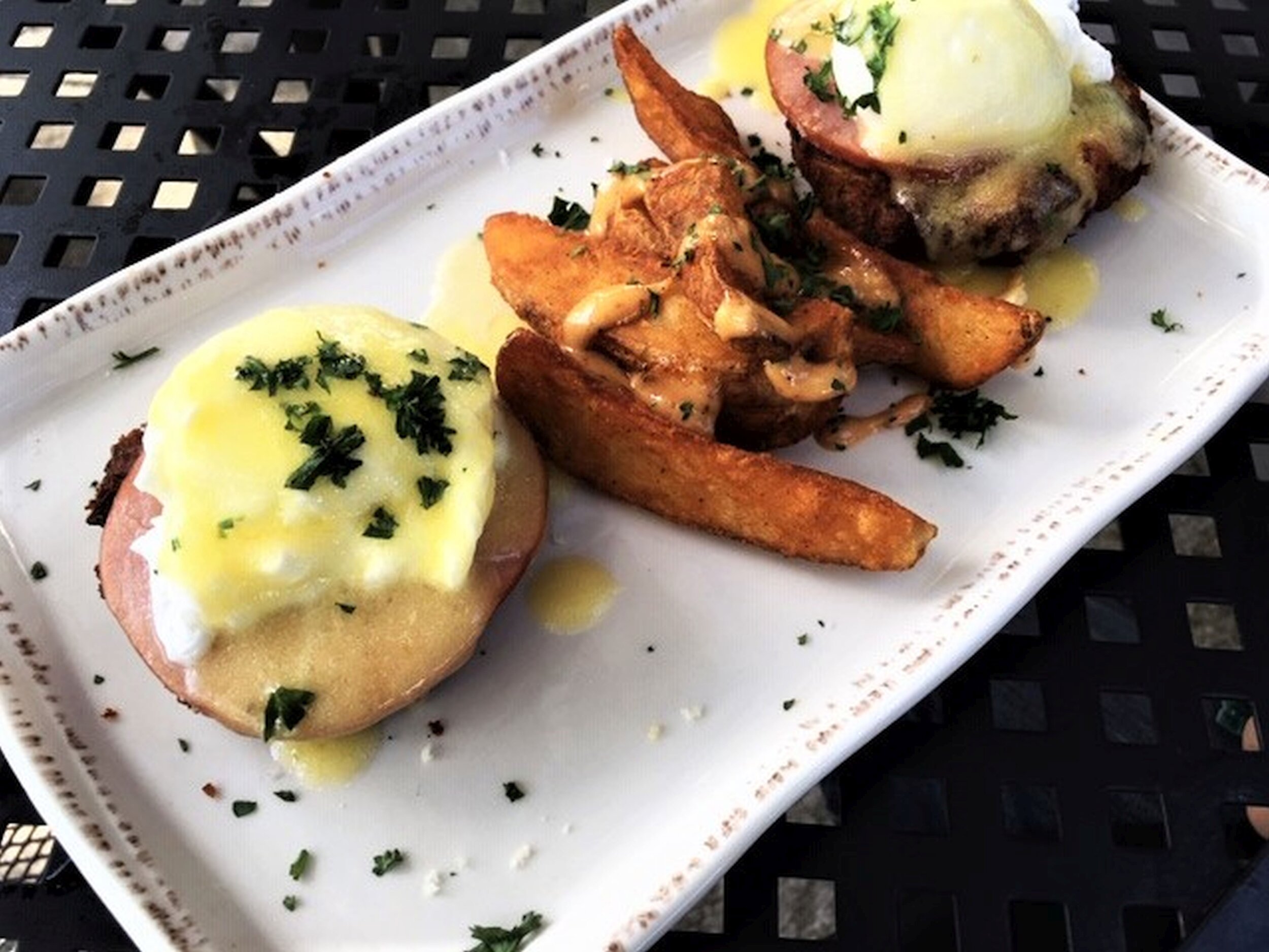 Crab Cake Benedict with fries