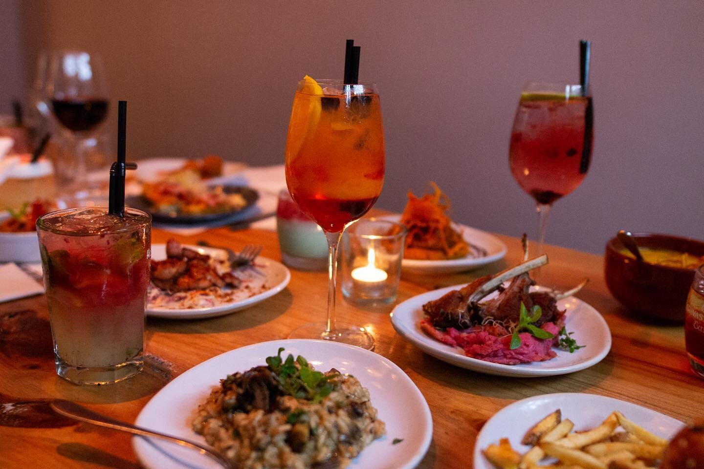 Cocktails and food plates
