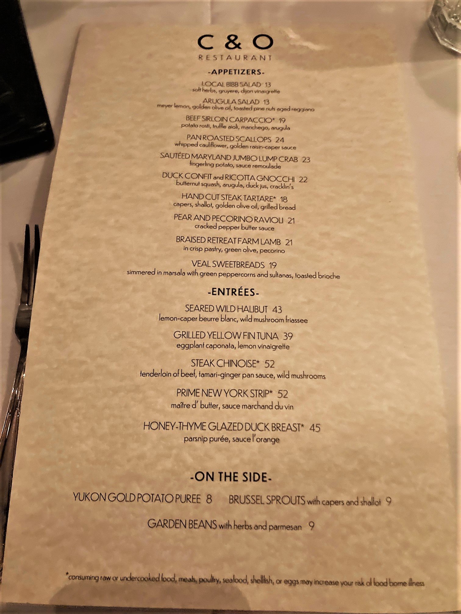 C&O paper menu