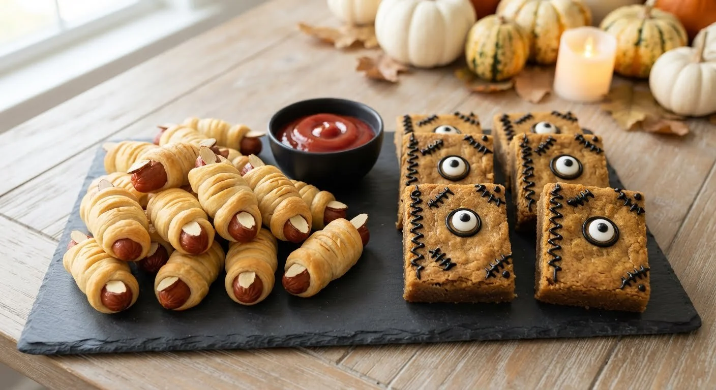 Dead Man's Toes with dip and Brown Sugar Boooook Blondies on platter