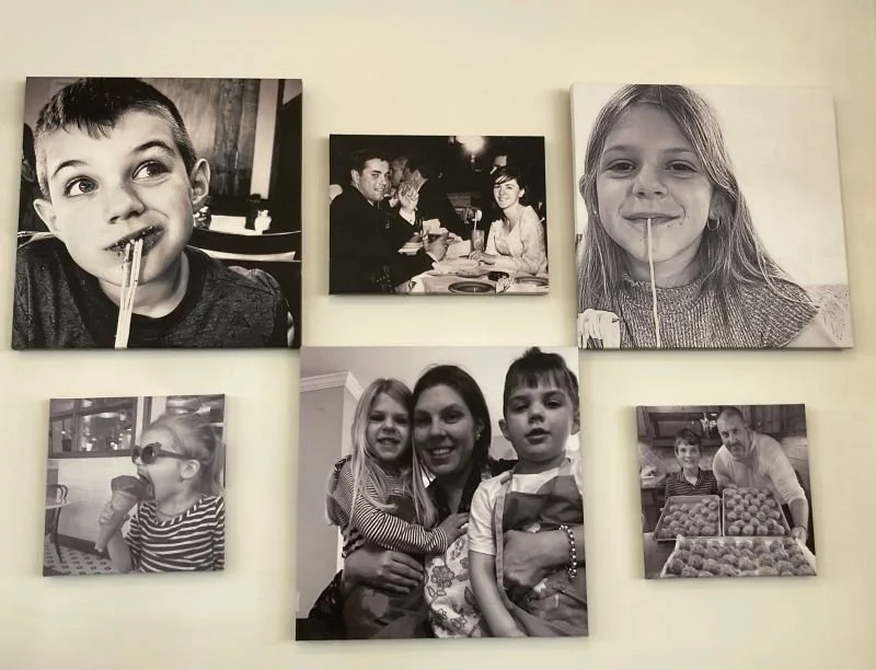 Photos of the family on the wall at POPS