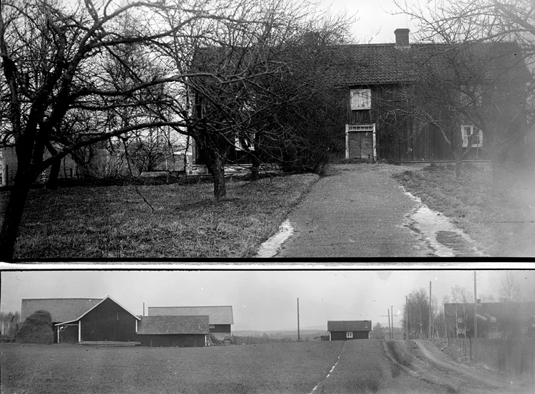 Ovan det gamla bostadshuset som revs 1945. Huset låg med gaveln mot vägen i öst-västlig riktning. När huset revs tog man ner halva huset och bodde i det medan det nya huset uppfördes. Det påstås att huset rullades från Djursätra by vid skiftet. Brogårdarna, som efter skiftet blev 3 st låg innan nedom Pärekullenvägen.