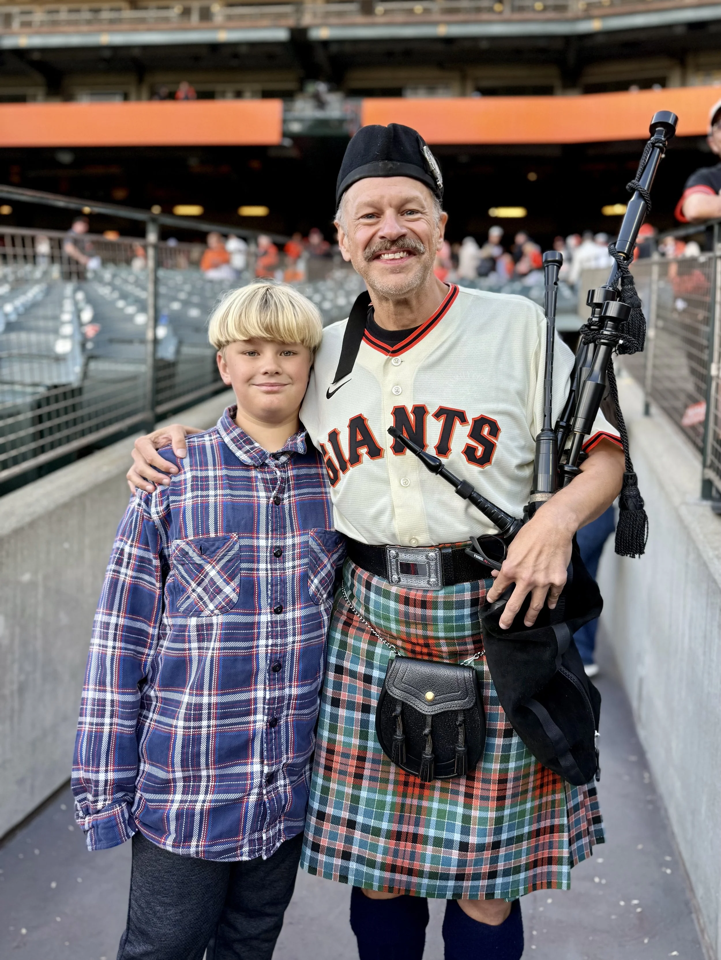 bagpipes at Oracle Park for San Francisco Giants retirement celebration for Mike Krukow.