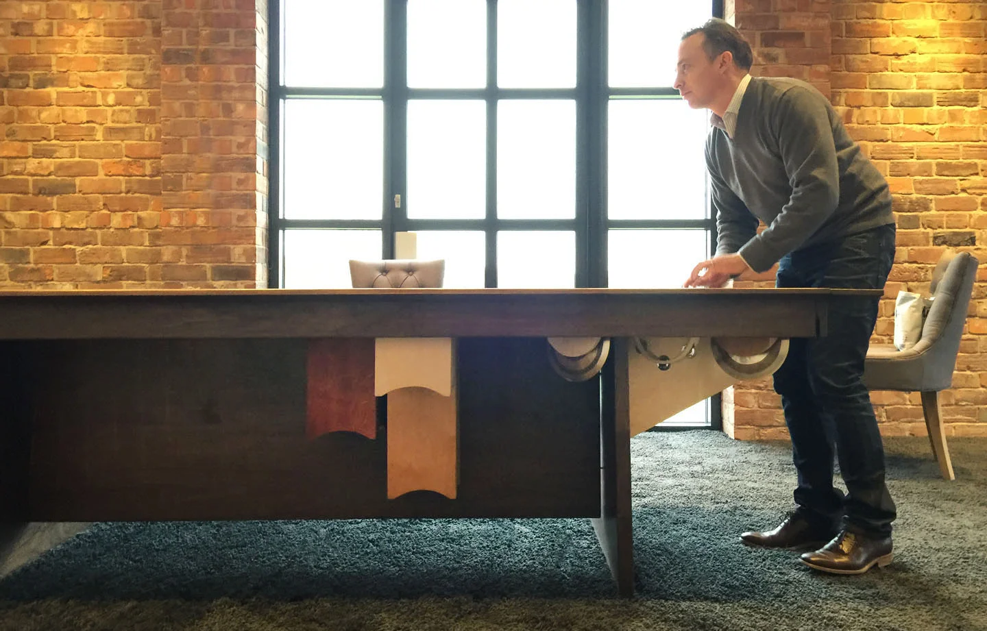 This Conference Table is without a doubt, the largest musical table in the world. I flew to London to help train the staff on how to use it. Over a hundred individual, rearrangeable instruments graced this orchestra of furniture designs. I’d love to