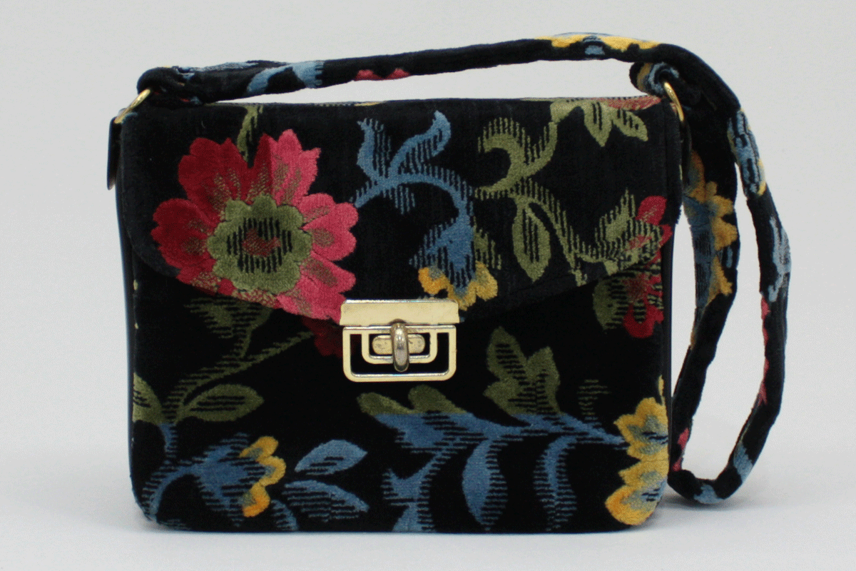 Vintage Carpet Tapestry Bag Purse Chenille 1960s Floral 