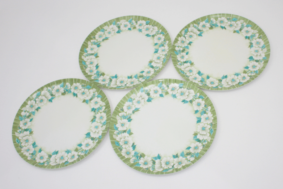 Vintage Laguna Melmac Dinner Plates Teal Blue and Avocado Green Floral Pattern - 4 Pieces