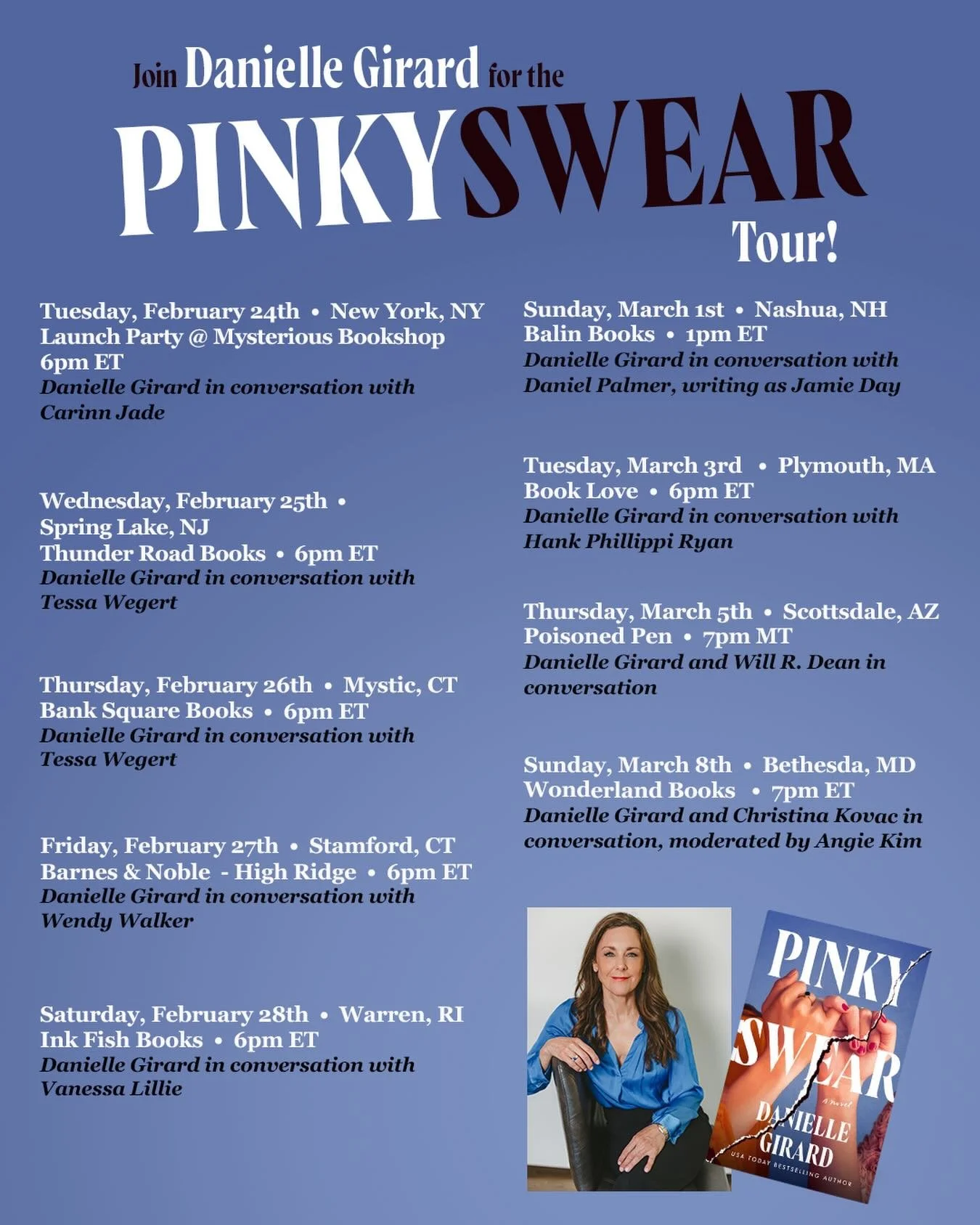 PINKY SWEAR TOUR 
PART 1!! 

We&rsquo;re putting together an incredible tour for Pinky swear. And I&rsquo;m visiting alongside some of my very favorite author friends!! 

I hope (HOPE!!) to see you out there. Is there a tour date that works for you?!