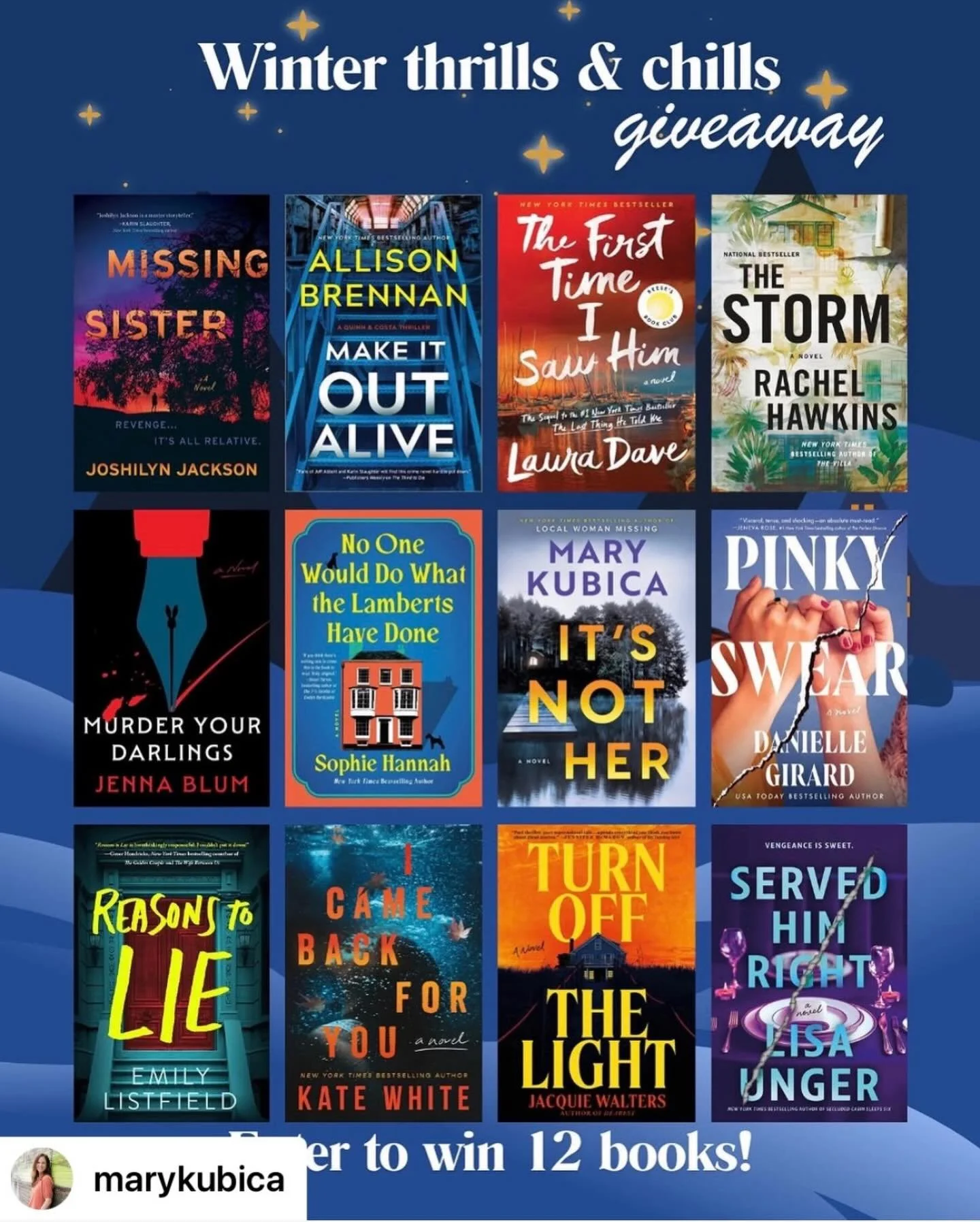 GIVEAWAY ALERT! Who&rsquo;s ready for some winter thrills and chills? We&rsquo;ve got a cool DOZEN thrillers up for grabs that are perfect for curling up on a cold night! Enter for the chance to win 12 of the hottest recent (and forthcoming!) suspens
