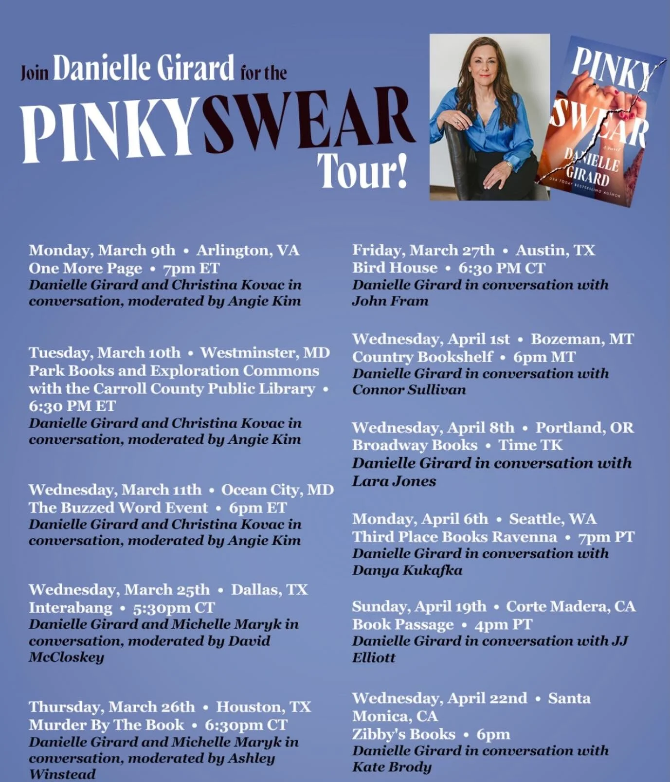 Getting close to end of the Pinky Swear tour&hellip; 
4 more stops. Hope to see you there! 

Seattle, WA @ravennathirdplacebooks with @danyakukafka 

Portland, OR @broadwaybooks with @laracjones 

Corte Madera, CA @bookpassage with @jjelliott 

&amp;