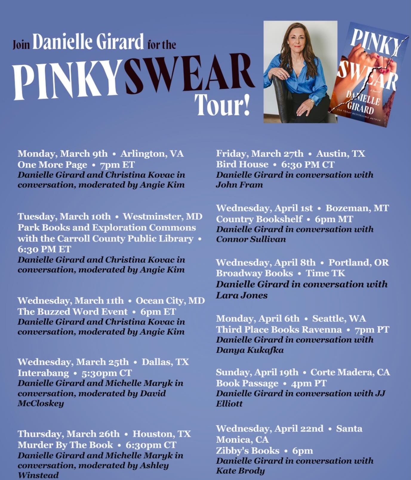 Getting close to end of the Pinky Swear tour&hellip; 
4 more stops. Hope to see you there! 

Seattle, WA @ravennathirdplacebooks with @danyakukafka 

Portland, OR @broadwaybooks with @laracjones 

Corte Madera, CA @bookpassage with @jjelliott 

&amp;