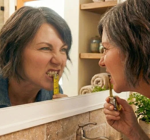 Woman measuring her teeth