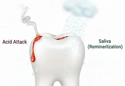 An acidic attack on a tooth can be mitigaed with saliva that facilitates remineralization