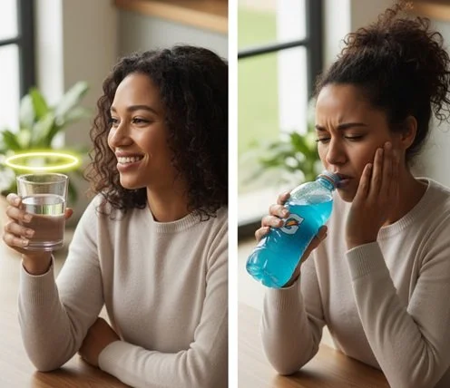 Woman drinking a healthy glass of water and another scene drinking a sports drink but with a tootache