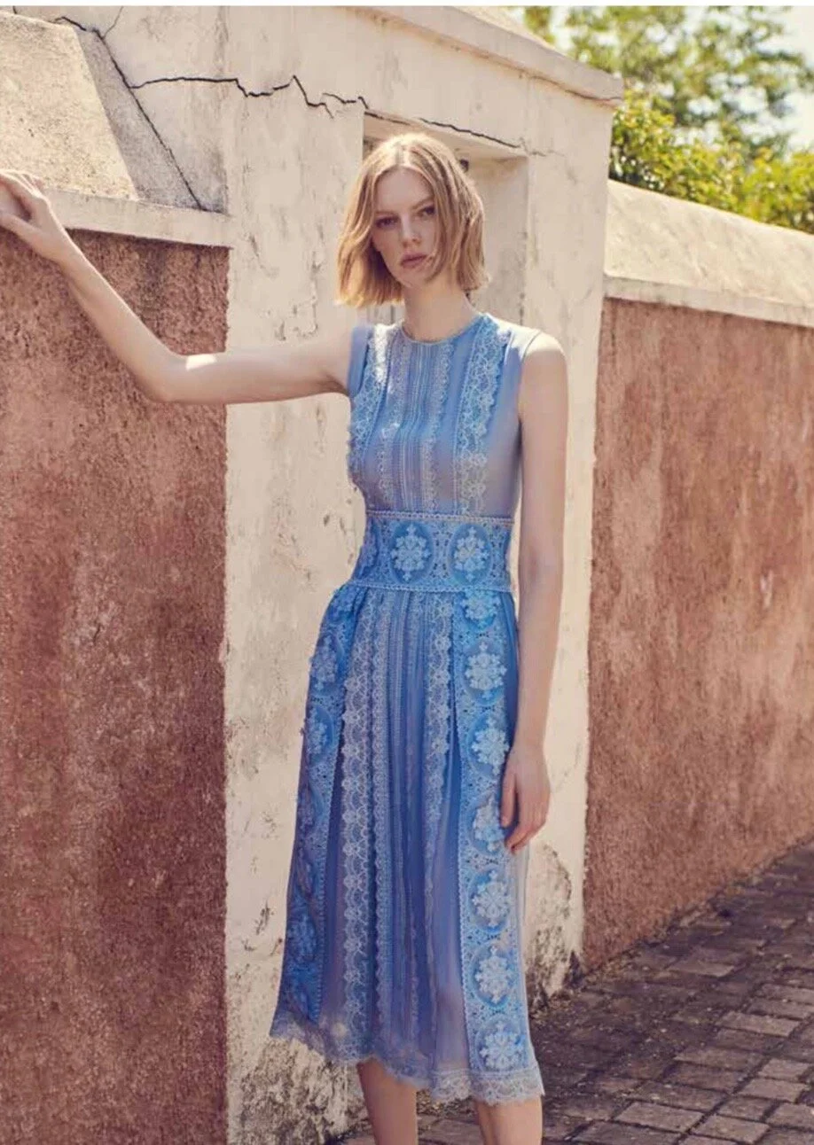 Costarellos Silk Chiffon Lace Dress 
