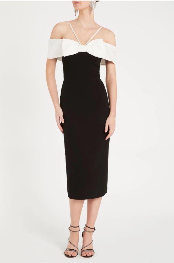 Rebecca Vallance Hepburn Bow Midi Dress in Black & White — Delsette