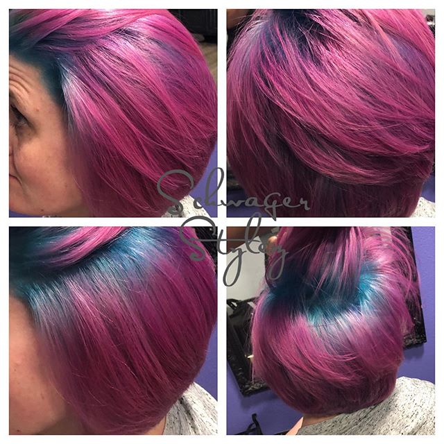 Ummmmm yesssss!!!! Back at it! Love fun colors. Cotton candy or 🦄 whatever you want #pinkandblue #bob #shadowroot #fashioncolor #joicocolorintensity #blended #kellieschwager #schwagerstylez #lovemyjob #nevergetsold #prettyhairdontcare #bluehairdontc