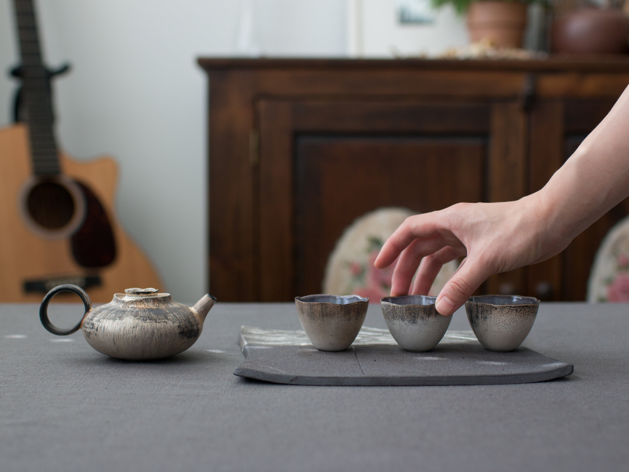 Handmade Silver Glazed Ocean Blue Floral Teacups