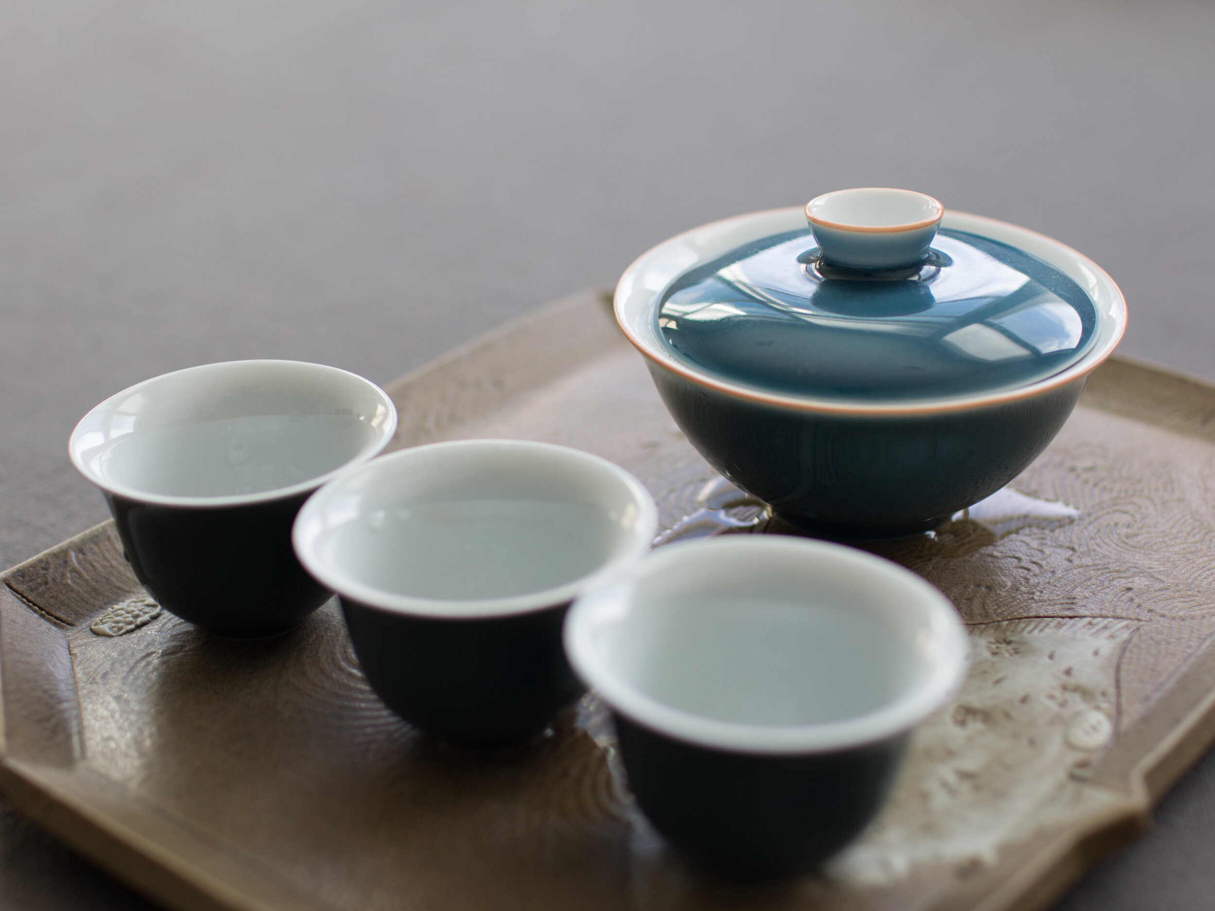 Wide Blue Glazed Porcelain Gaiwan Set 